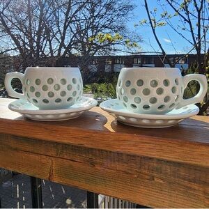 Asian Porcelain Celadon Pierced Double Walled CupSaucer Set of 2 Light Blue